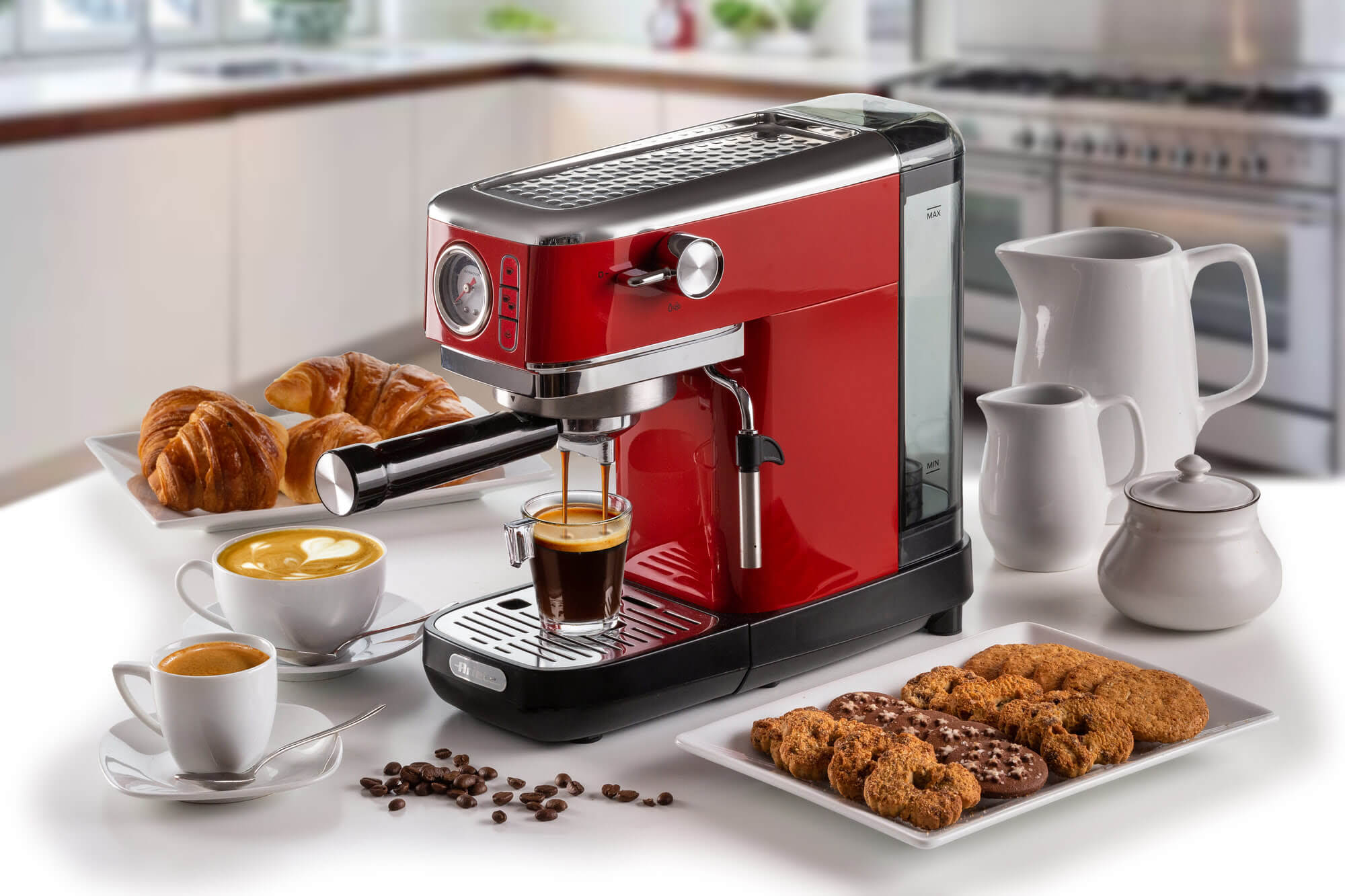 Ariete Moderna Espresso Machine - With Integrated Coffee Grinder Red