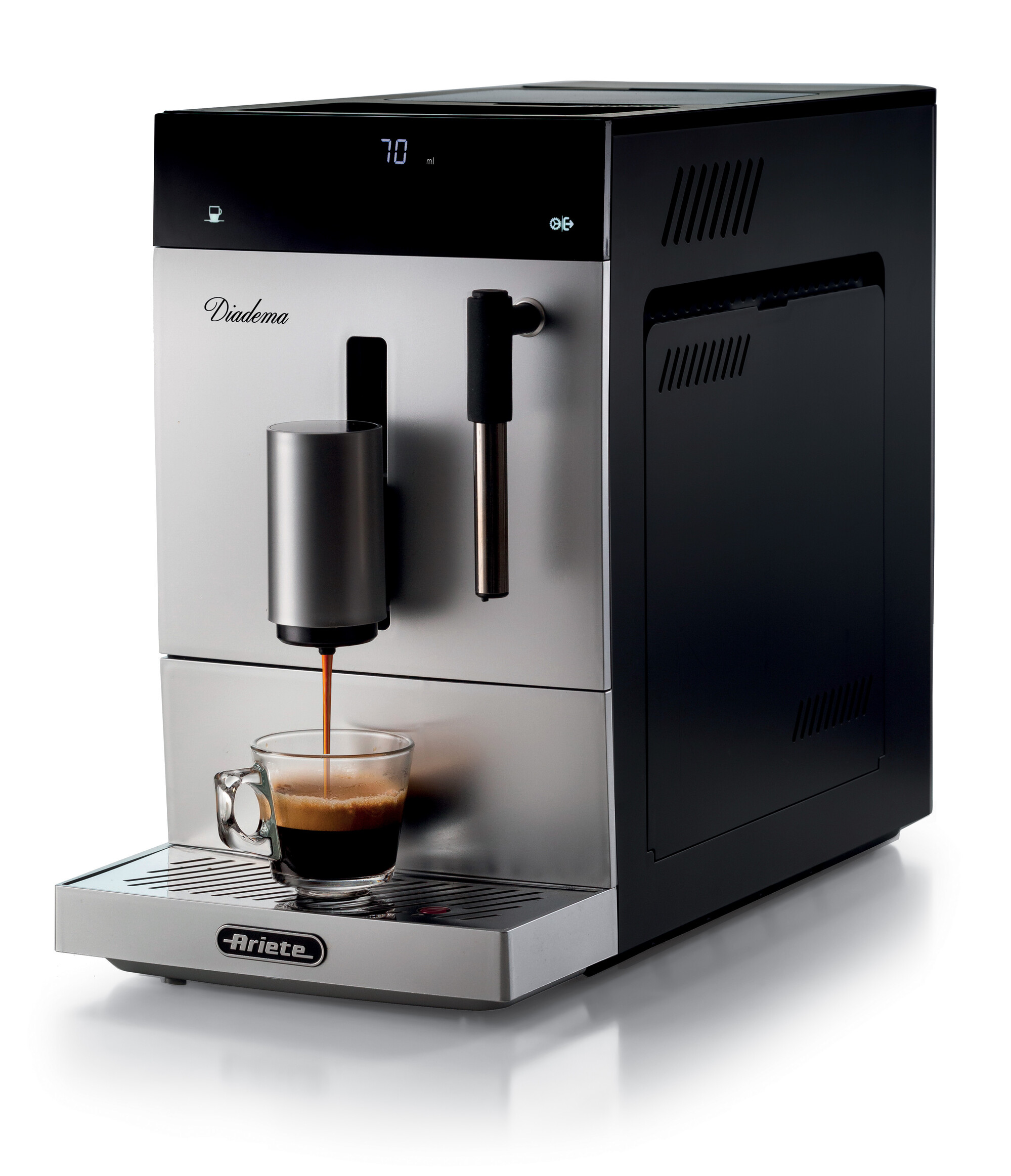 Ariete 1452 Diadema, Macchina da caffè automatica, 1350W, 19 bar di pressione, Per caffè, americano e acqua calda, Dispositivo Cappuccino, Display LED, Erogatore Regolabile, Silver