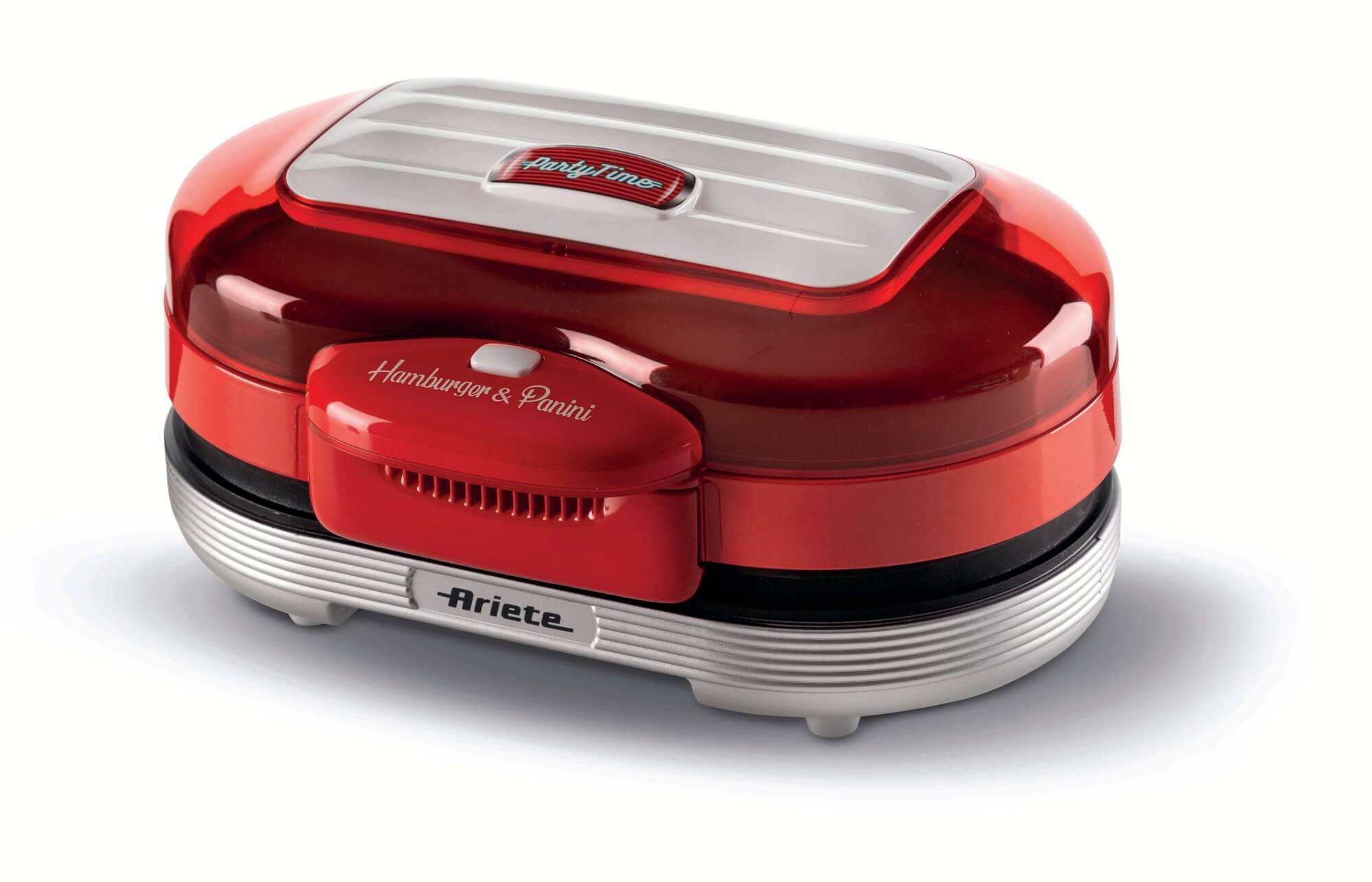 Ariete 205 Hamburger Maker Party Time, Macchina per fare hamburger, 1200 W, Doppie piastre antiaderenti, 2 scomparti, Facile da pulire, Rosso