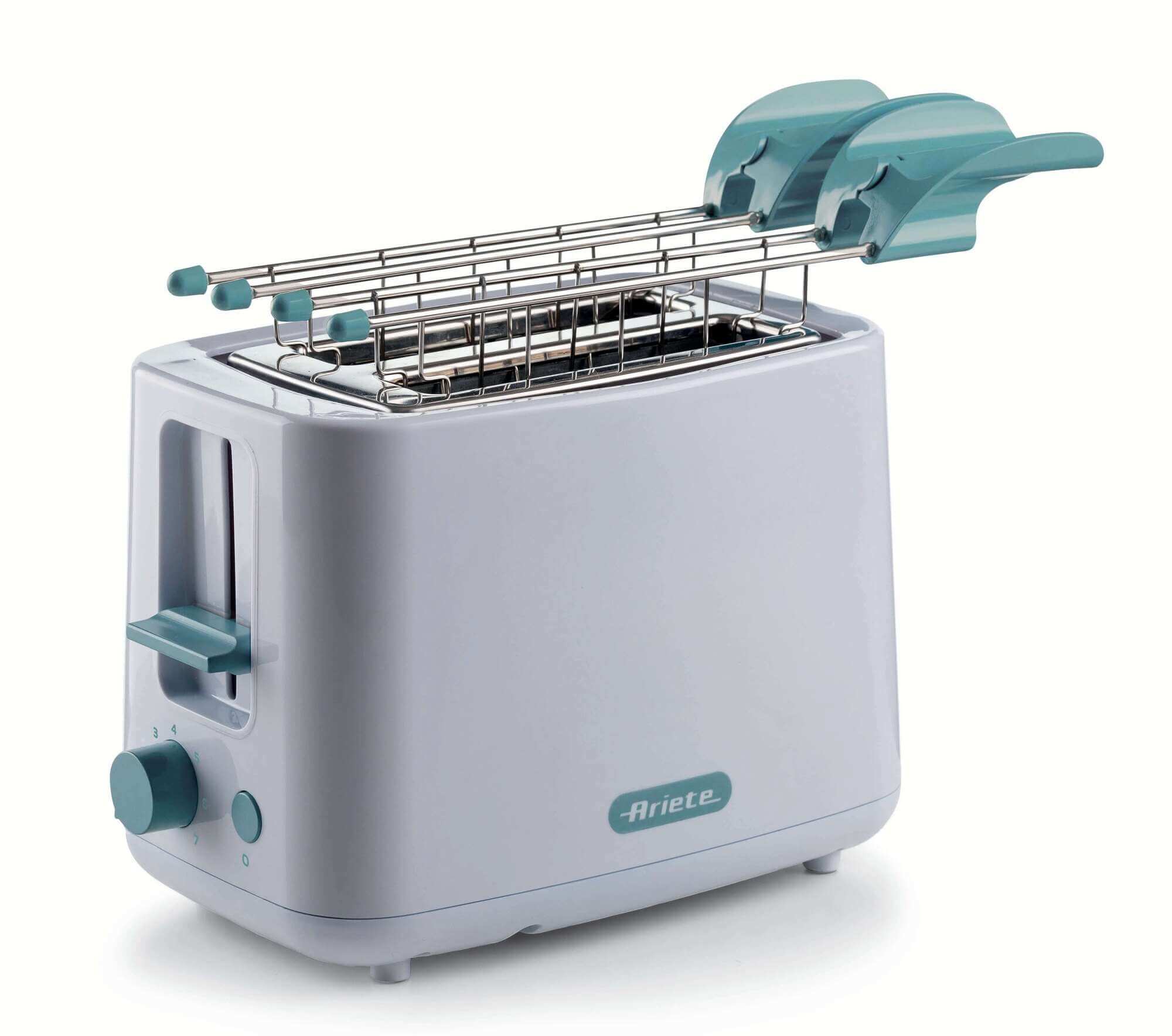 Ariete 157 Tostapane Breakfast, 760W, Capacità 2 fette di pane, Pinze in acciaio inox, 7 livelli di doratura, Pulsante stop, Tocco freddo, Bianco