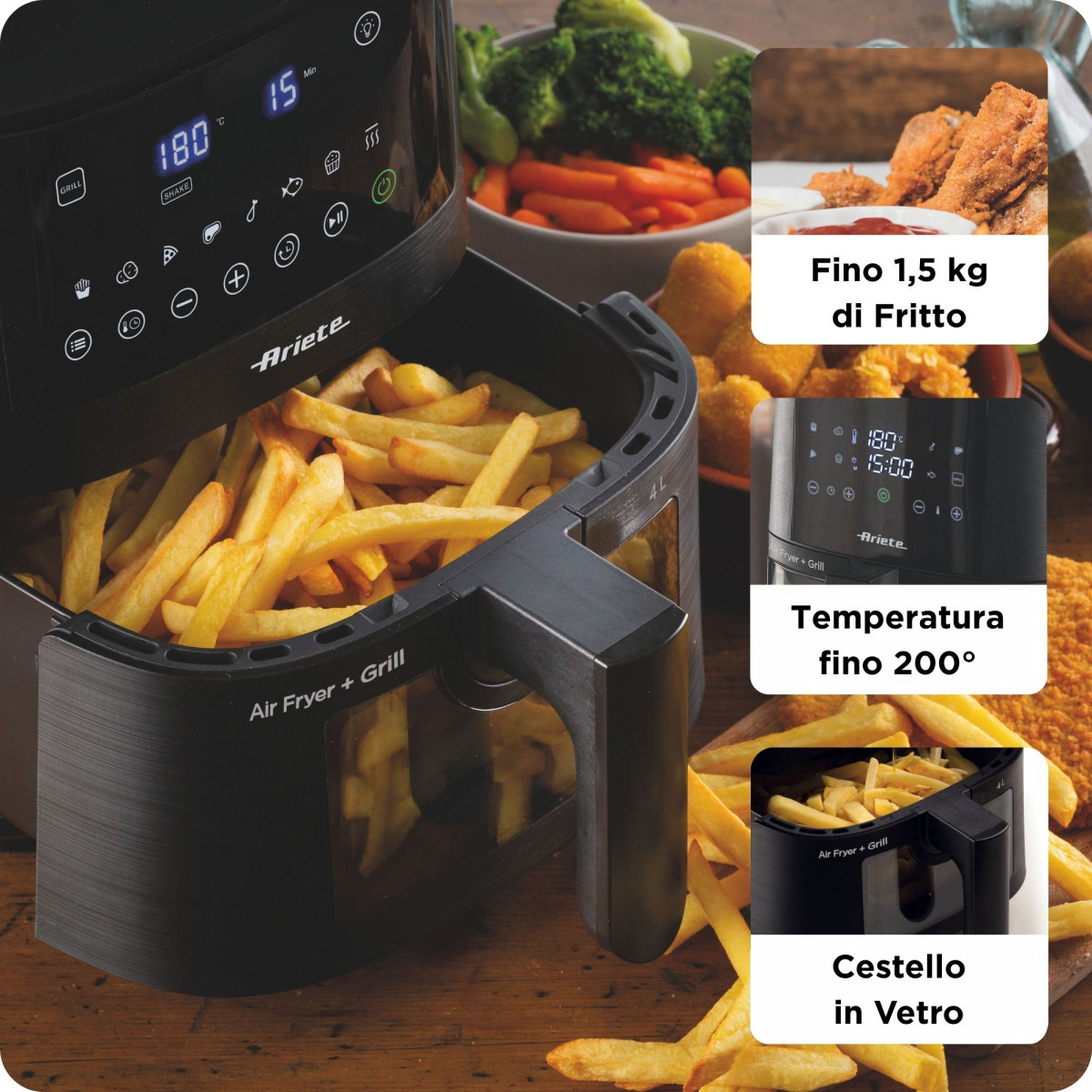 Friggitrice Ad Ariete 4,5L Con Funzione Grill: 8 Programmi, Frittura Sana Con Un Solo Cucchiaio D'Olio, 1300W, Fino A 200°C - Nero