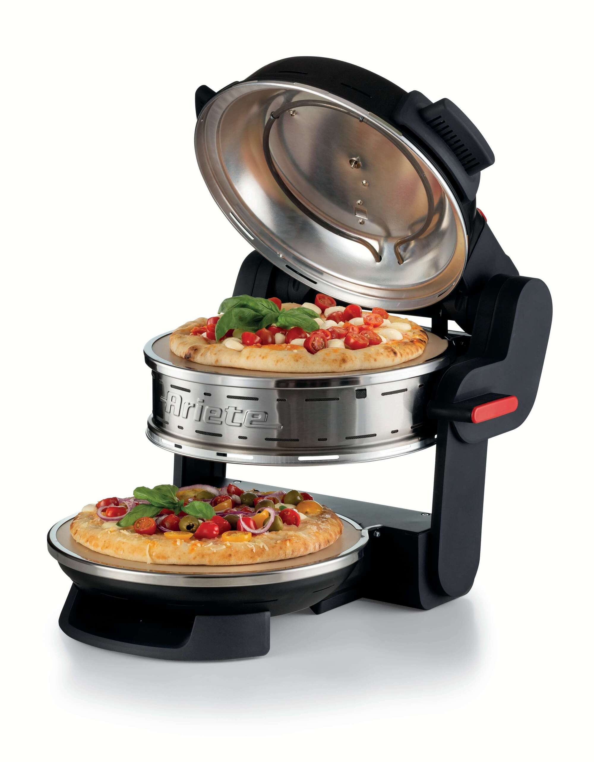 Ariete 927 Pizzeria Ariete, Forno pizza doppio, 2 pizze in 4 minuti, 2300 W, 2 pietre refrattarie, 2 termostati, Diametro 32 cm, 5 livelli di cottura, 2 pale in acciaio inox, Nero