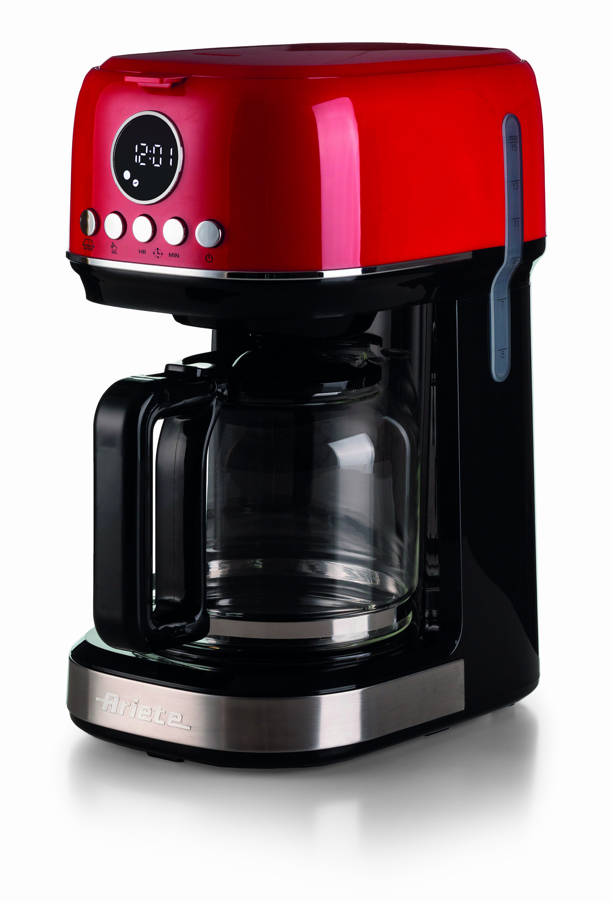 Ariete 1396 Macchina da caffè con filtro Moderna, Caffè americano, Capacità fino a 15 tazze, Base riscaldante, Display LCD, Filtri estraibili e lavabili, Rosso