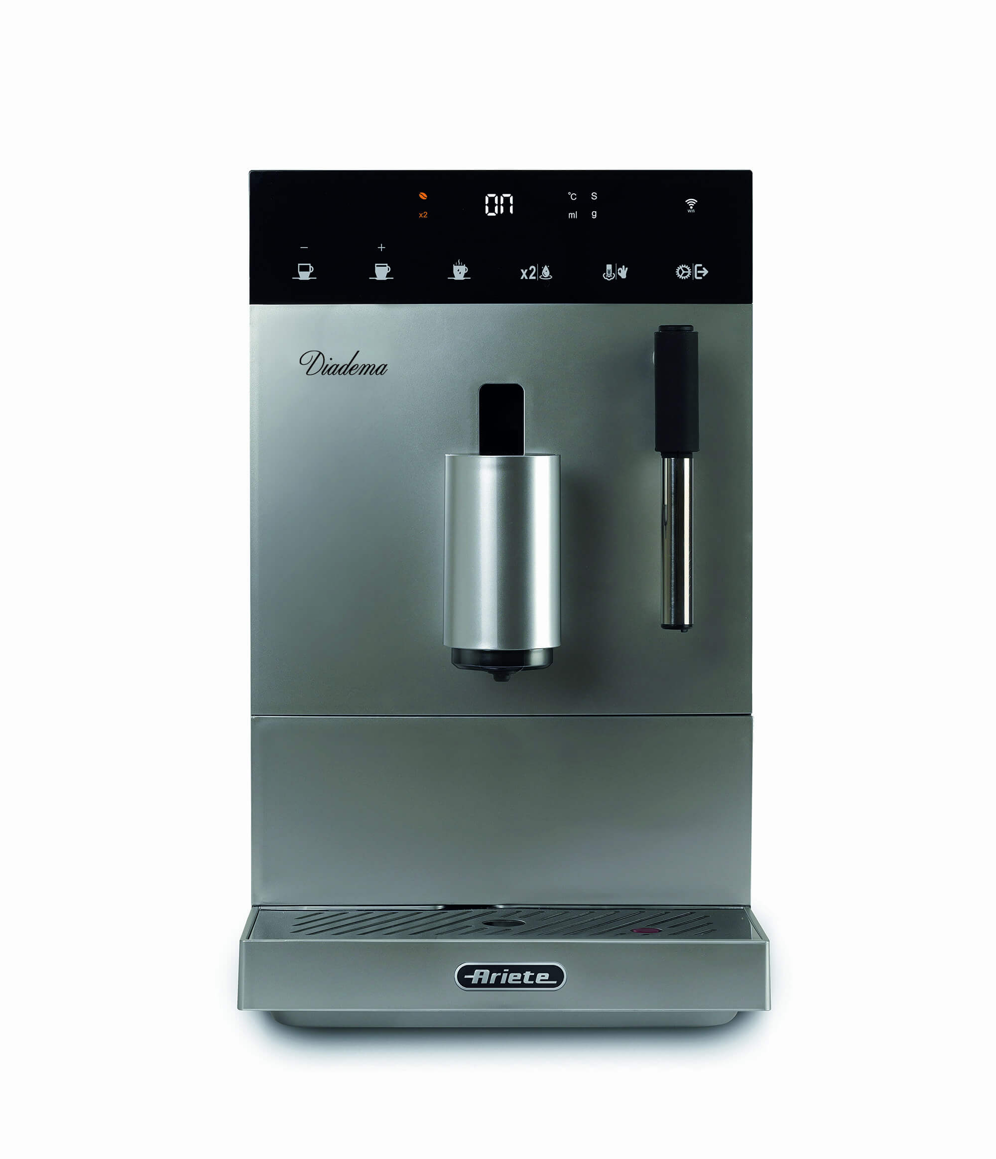 Image of Ariete 1452 Diadema, Macchina da caffè automatica, 1350W, 19 bar di pressione, Per caffè, americano e acqua calda, Dispositivo Cappuccino, Display LED, Erogatore Regolabile, Silver