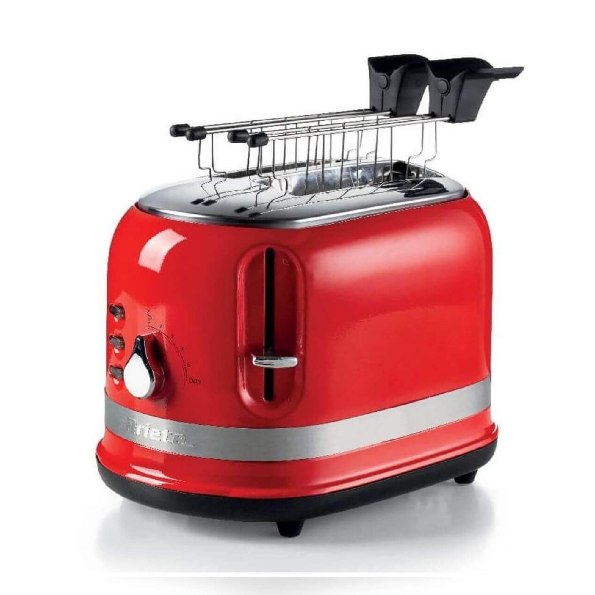 Ariete 149 Tostapane con Pinze per 2 fette di pane - Espulsione Automatica - Defrost - 6 Gradi di Doratura - 800 Watt - Linea Moderna - Rosso